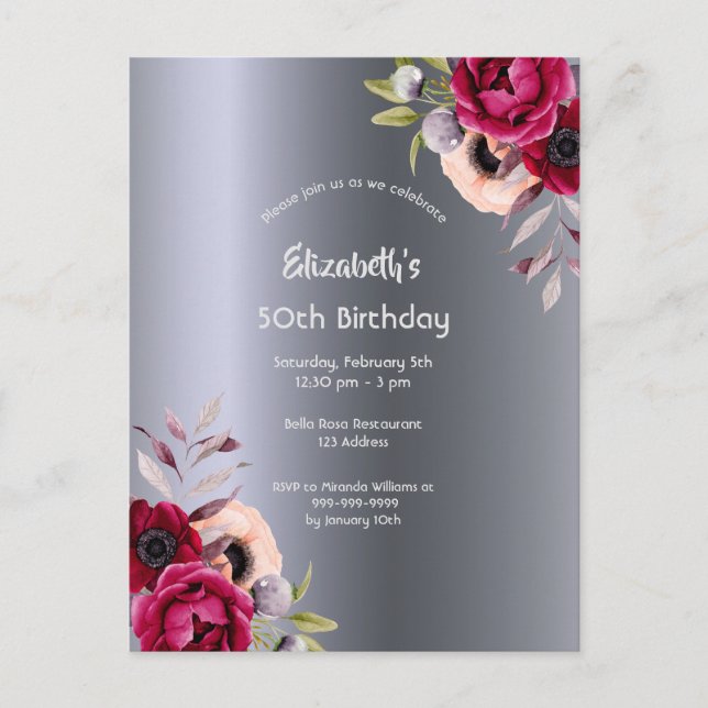 Postal Borgoña plateada de fiesta de cumpleaños (Anverso)