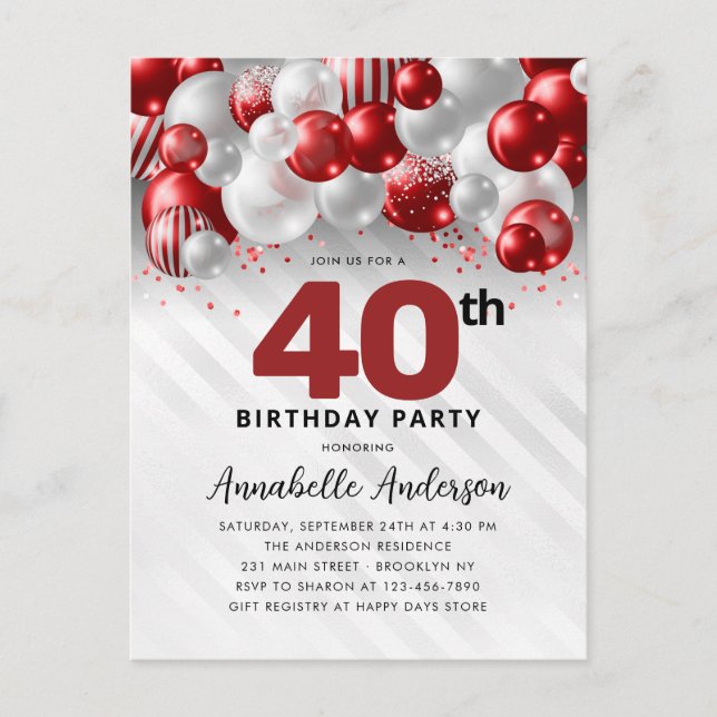 Postal Borgoña Purpurina de globo de plata roja 40 cumple (Anverso)