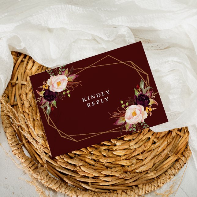 Postal Borgoña rojo y rubia boda floral RSVP (Subido por el creador)