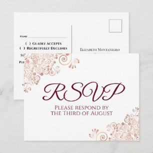 Postal Borgona y Oro Rosa Encaje Blanco Boda RSVP