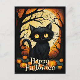 Postal Bosque de calabaza de gato negro Feliz Halloween