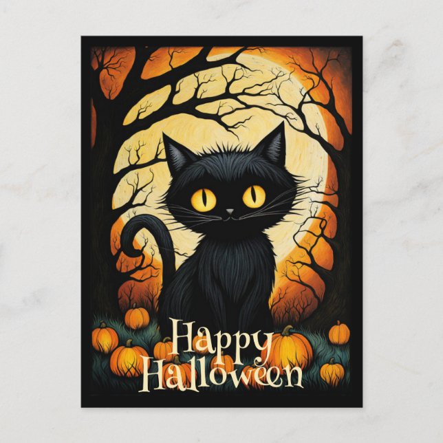 Postal Bosque de calabaza de gato negro Feliz Halloween (Anverso)