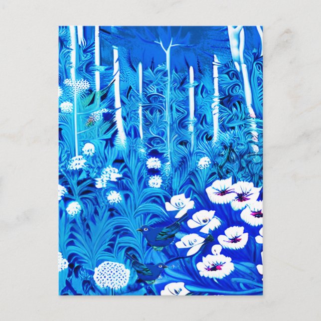 Postal Bosque de fantasía con flores y pájaros (Anverso)