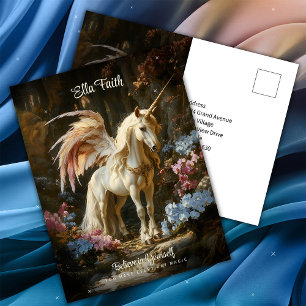 Postal Bosque de fantasía de unicornio alado alentador