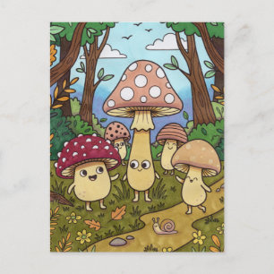 Postal Bosque de hongos caprichoso y lindo de setas del b