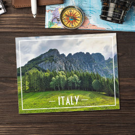 Postal Bosque de montaña con pinos en el norte de Italia