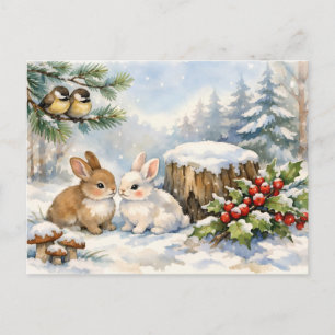 Postal Bosque de Navidad acuarela pájaros y conejos