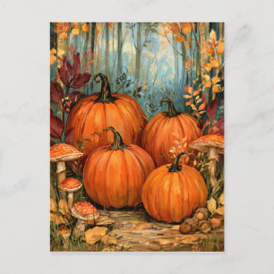 Postal Bosque de otoño con calabazas y musas,