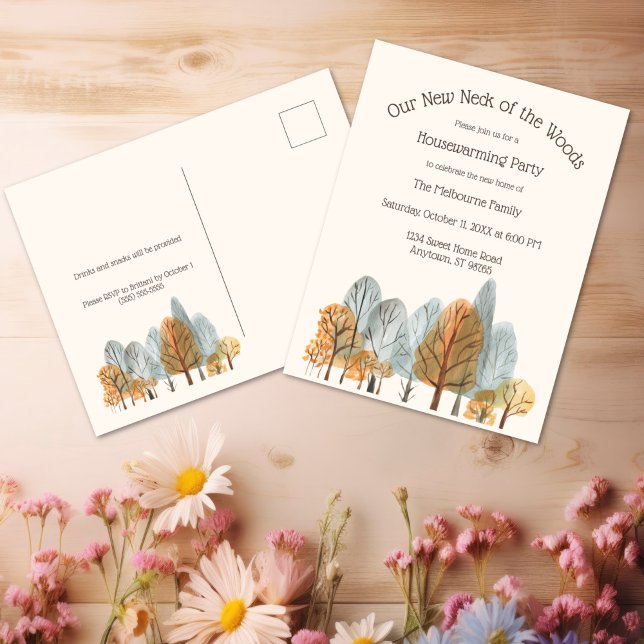 Postal Bosque de otoño nuevo cuello de los bosques calent (Autumn Forest New Neck of the Woods Housewarming Postcard
)