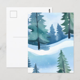 Postal Bosque de Pino Snoweather   Acuarela de invierno