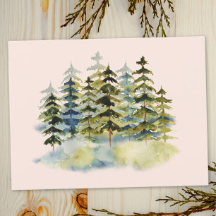 Postal Bosque de pinos verde brumoso vintage acuarela