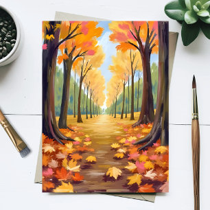Postal Bosque dorado de otoño camino cálido follaje acuar