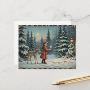 Postal Bosque Nevado Ciervo Acogedor Navidad Vintage