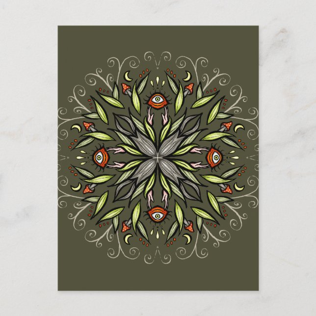 Postal Bosque Oscuro Verde Ojos de Hongo Goblincore Tripp (Anverso)