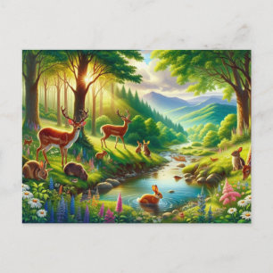 Postal Bosque sereno encantado con animales Pintura