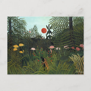 Postal Bosque virgen de Henri Rousseau con puesta de sol