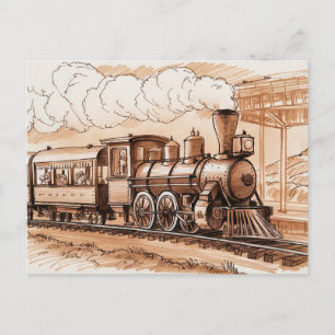 Postal Bosquejo de tren de máquina de vapor vintage