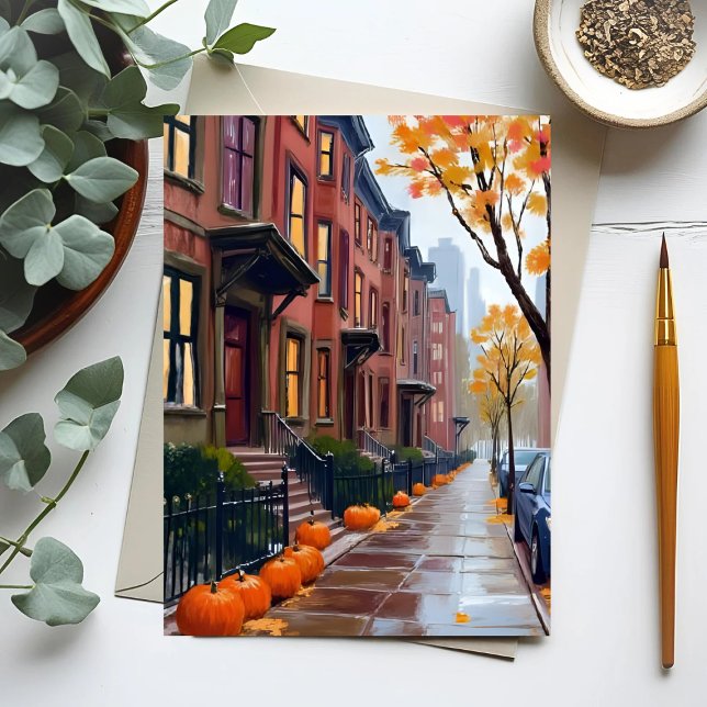Postal Boston Autumn Brownstones Pumpkin Watercolor (Subido por el creador)