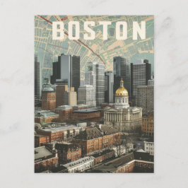 Postal Boston, Boston Massachusetts City Skyline con mapa
