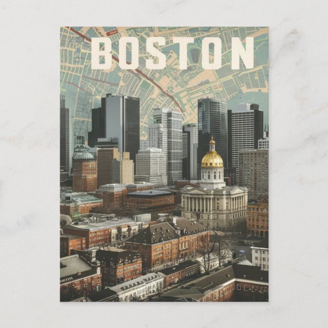 Postal Boston, Boston Massachusetts City Skyline con mapa (Anverso)