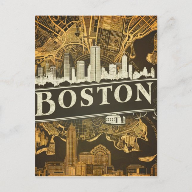 Postal Boston, Boston Massachusetts City Skyline con mapa (Anverso)