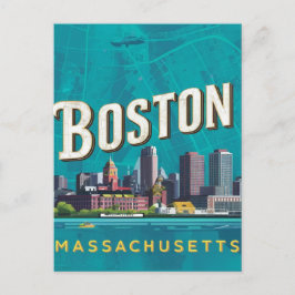 Postal Boston, Boston Massachusetts City Skyline con mapa