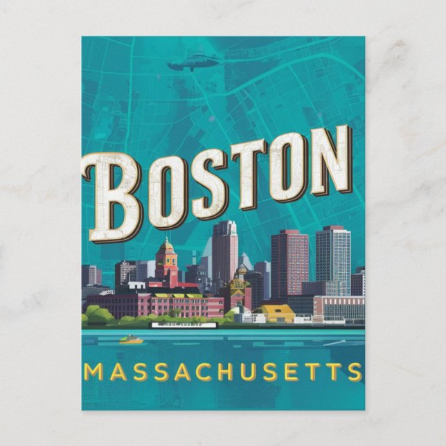Postal Boston, Boston Massachusetts City Skyline con mapa (Anverso)