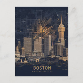 Postal Boston, Boston Massachusetts City Skyline con mapa