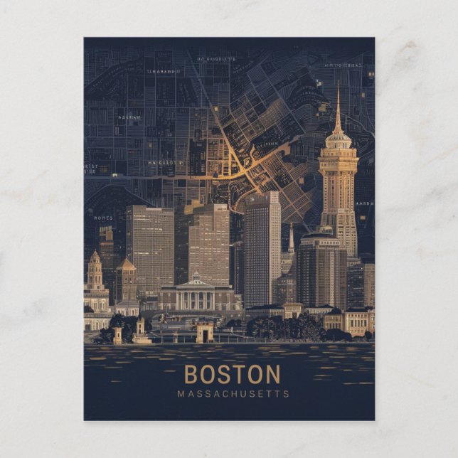 Postal Boston, Boston Massachusetts City Skyline con mapa (Anverso)