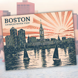 Postal Boston Charles River Sailboat Skyline Art Vintage