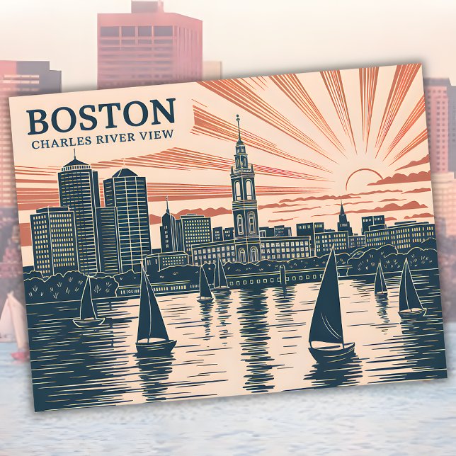 Postal Boston Charles River Sailboat Skyline Art Vintage (Boston Charles River Sailboats Skyline Art Vintage Postcard)