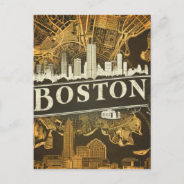 Postal Boston, Massachusetts Ciudad Silueta Con Mapa