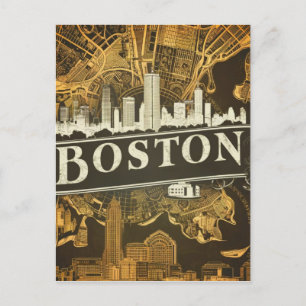 Postal Boston, Massachusetts Ciudad Silueta Con Mapa