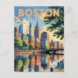 Postal Boston Massachusetts Skyline Travel Art Vintage