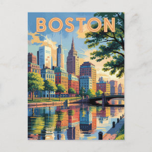 Postal Boston Massachusetts Skyline Travel Art Vintage