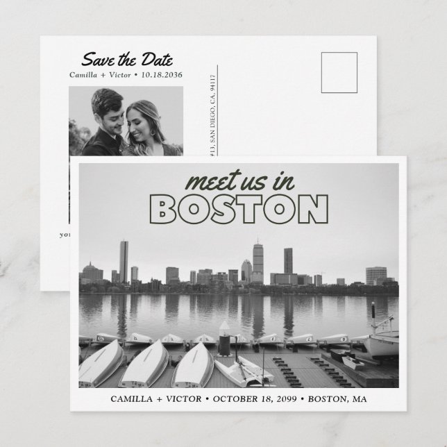 Postal Boston Save the Date Retro Skyline Postcard (Anverso / Reverso)