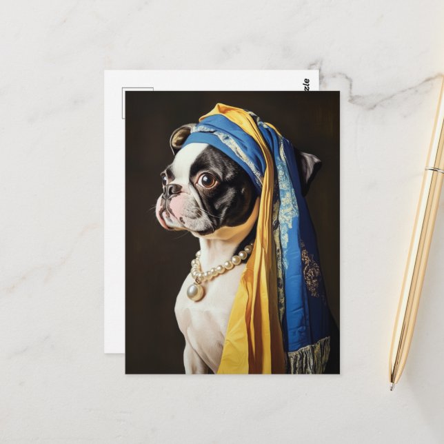 Postal Boston Terrier con collar de perlas (Anverso/Reverso In Situ)