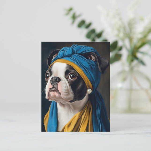 Postal Boston Terrier con Pearl Earl (Anverso de pie)