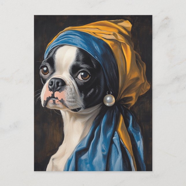 Postal Boston Terrier con Pendiente de Perla Parodia (Anverso)
