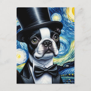 Postal Boston Terrier en un sombrero de copa Van Gogh