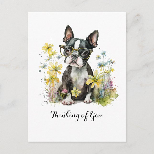 Postal Boston terrier Glasses Floral Thinking de ti (Anverso)