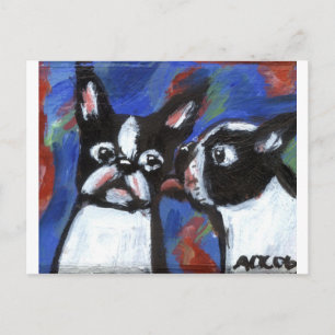 Postal Boston Terrier love kiss painting