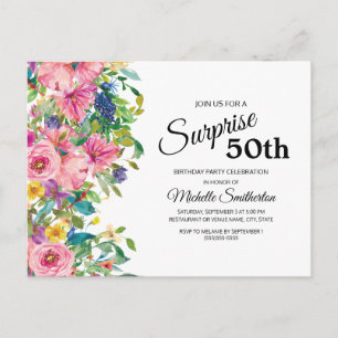 Postal Botánico Rosa Azul Acuarela Floral 50 Cumpleaños