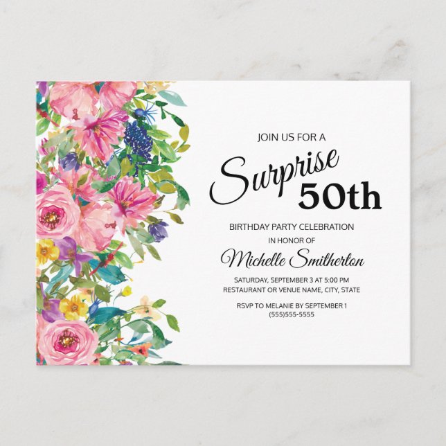 Postal Botánico Rosa Azul Acuarela Floral 50 Cumpleaños (Anverso)