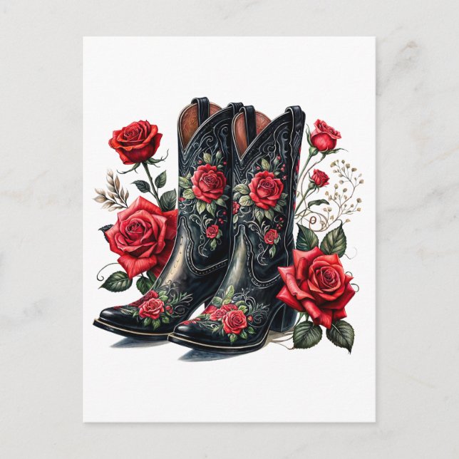 Postal Botas de Vaquero Negras con Rosas Rojas (Anverso)
