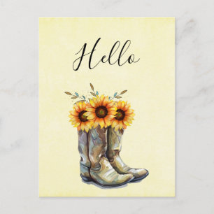 Postal Botas vaqueras rústicas con Hola girasoles