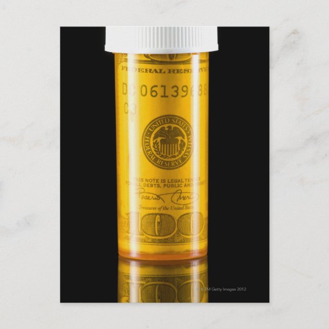 Postal Botella de receta con billete de cien dólares (Anverso)