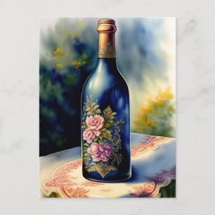 Postal Botella de vino floral Vida fija Arte digital