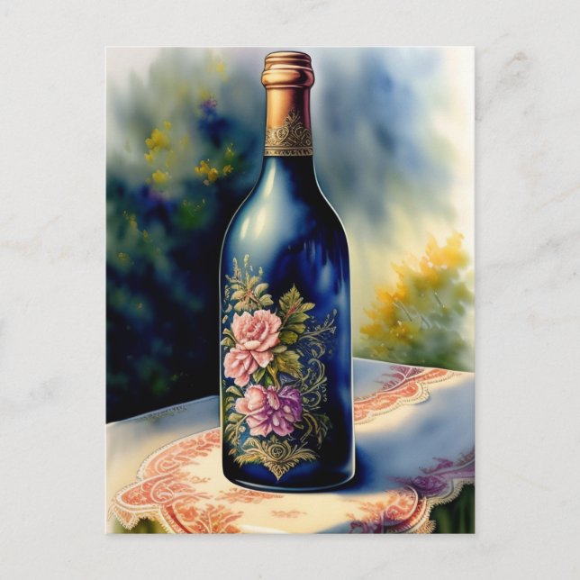 Postal Botella de vino floral Vida fija Arte digital (Anverso)
