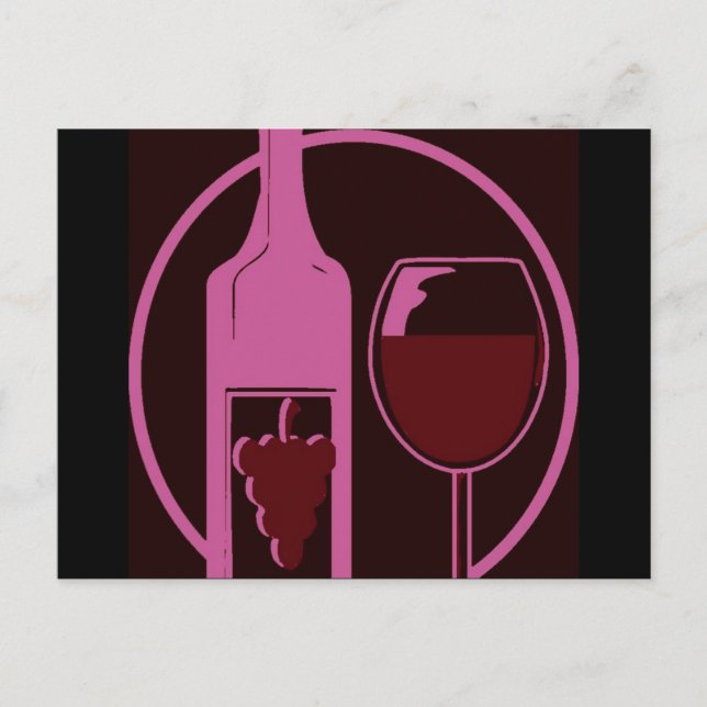 Postal Botella de vino rojo y vidrio (Anverso)